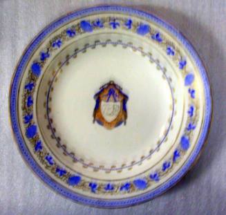 Deep Soup Plate with Armorial Decorations and a Border Design of Grapes and Leaves in Cobalt