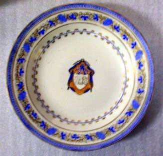 Deep Soup Plate with Armorial Decorations and a Border Design of Grapes and Leaves in Cobalt