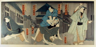 Actors Sawamura Tosshō II as Hiranoya Kōjirō, Bandō Sanpachi V as Tōji’s Student (Teiji) Kane, Ichikawa Kodanji IV as Wakokubashi Tōji, and Ichimura Kakitsu IV as the Pickpocket (Kinchakukiri) Takemon no Tora