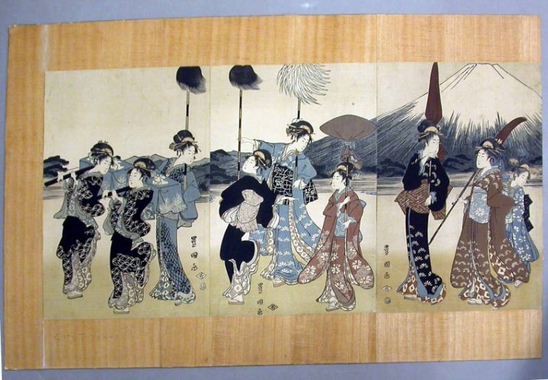 Women Imitating a Daimyo Procession Passing Mount Fuji
