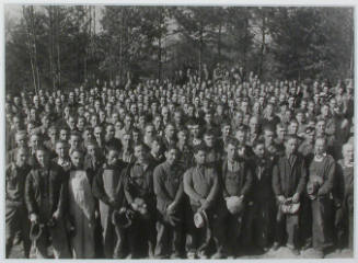 "A group of several hundred workers at Norris Dam construction campsite during noon hour.", 11/09/1933