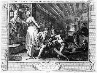 Plate 9: The Idle 'Prentice betray'd by his Whore, & taken in a Night Cellar with his Accomplice