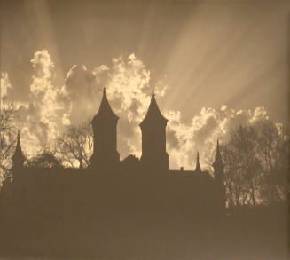Two Steeples, Clouds, Rays of Light