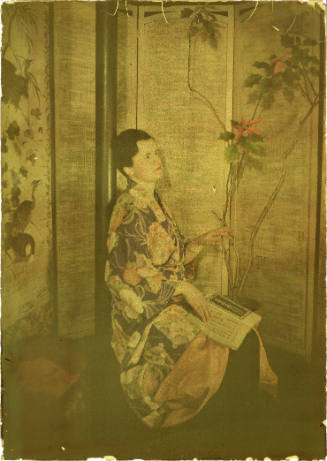 Young Woman in Japanese Costume with a Poinsettia Plant