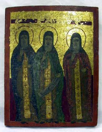 Icon: Three standing bearded male Saints or Patriarchs (including St. Sabbar)