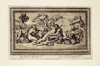 Venus (Aphrodite) carried on the waves by Triton, with the three Graces and with Cupids