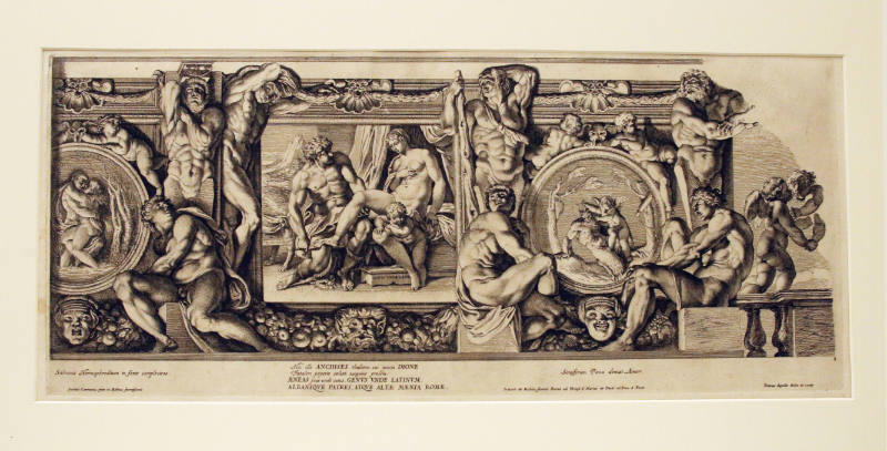 Anchises, Dione, and Aeneas (centre); Salmacis and Hermaphroditus (left); Pan and Eros (right)