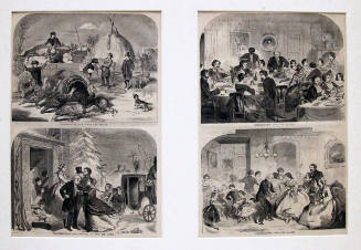 Thanksgiving Day—Ways and Mean (top left) / Thanksgiving Day—Arrival at the Old Home (bottom left) / Thanksgiving Day—The Dinner (top right) / Thanksgiving Day—The Dance (bottom right)