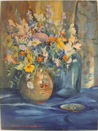 Daisies, Cosmos in Round Vase with Blue Cloth
