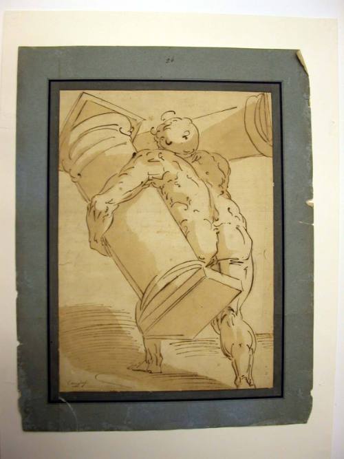 A Nude Male Figure Carrying Two Columns, Seen from the Back