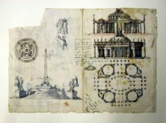 Obverse: Project for the Monte Cavallo Fountain, Piazza del Quirinale and Figure Studies (left); and an Architectural Design for a Domed Oval Structure with Four Colonnaded Porches (right)