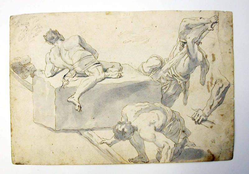 Recto: Three Men attempting to Raise a Stone with the Devil Lying Atop It, and a  Study of an Arm
