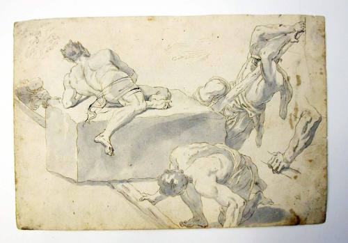Recto: Three Men attempting to Raise a Stone with the Devil Lying Atop It, and a  Study of an Arm
