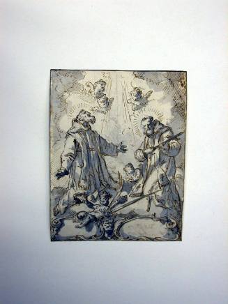 Recto: Two Male Saints Kneeling on Clouds with Putti, a Double Cartouche Below
