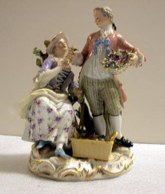 Figurine: Seated Woman, Basket of Vegetables and Standing Man with Bowl of  Flowers