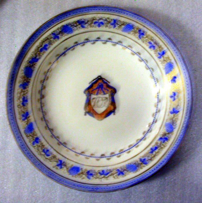 Deep Soup Plate with Armorial Decorations and a Border Design of Grapes and Leaves in Cobalt