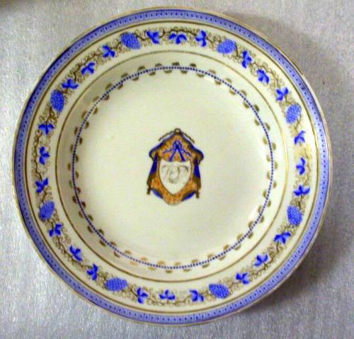 Deep Soup Plate with Armorial Decorations and a Border Design of Grapes and Leaves in Cobalt