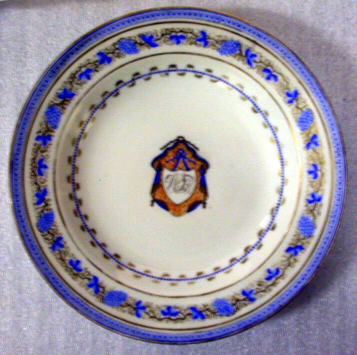 Deep Soup Plate with Armorial Decorations and a Border Design of Grapes and Leaves in Cobalt