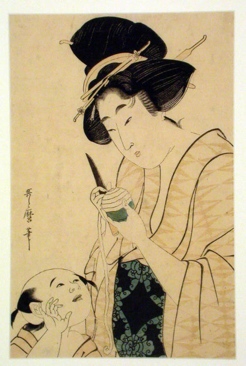 Mother with Child Peeling a Persimmon