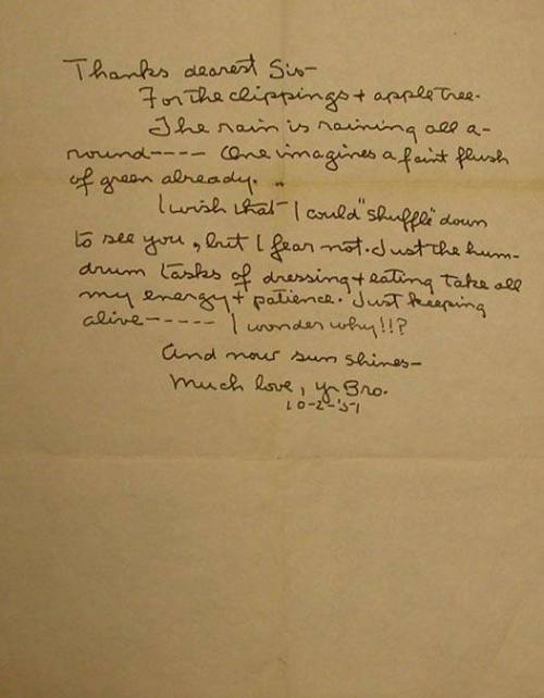 Letter from Edward Weston to his sister: "Thanks Dearest Sis" 10-2-51