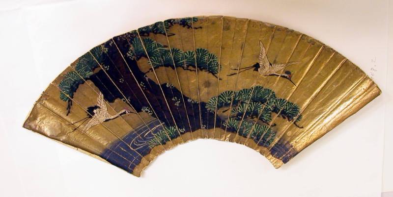 Fan Painting: Cranes an Pine Tree By a River