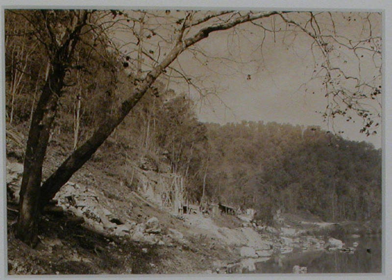 "A view of the test drilling shaft and the shop at the Norris Dam site on Clinch River.", 10/31/1933