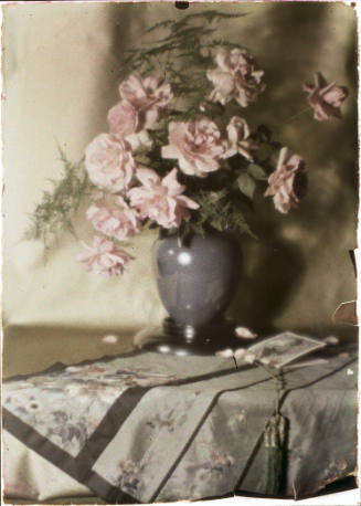 Still Life: Pink Roses in Blue Vase