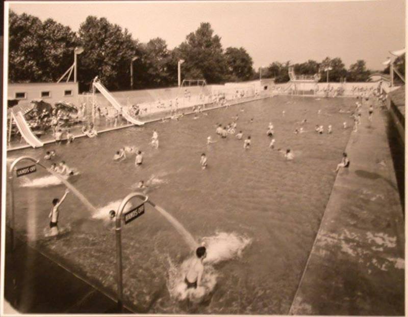 Untitled (outdoor swimming pool with patrons, Old River, NCR Corporation)