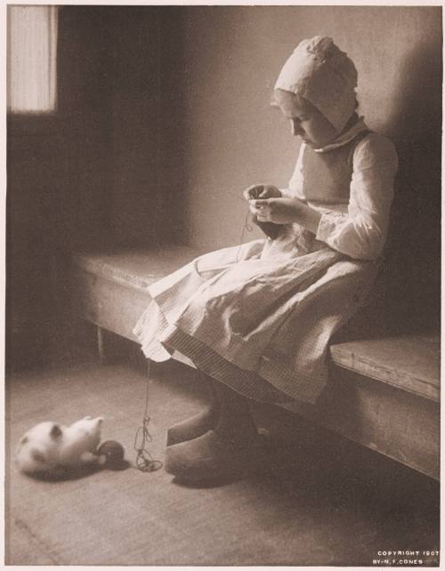 Genre Scene ( Girl knitting with a kitten nearby)