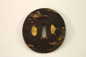 Tsuba:  Design of  Landscape with Mountains, Trees, and Figures