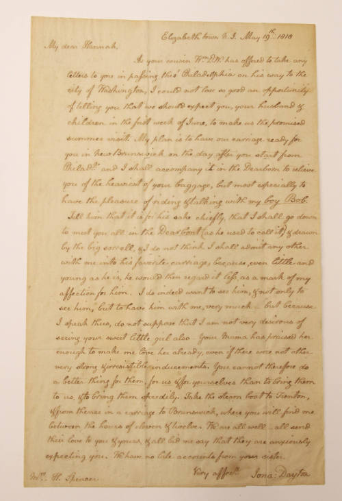 Letter from Jonathan Dayton to Mrs. Hannah Dayton Spencer