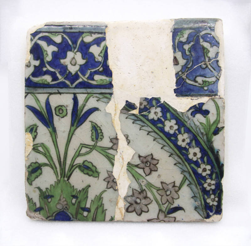 One of a Group of Nine Iznik Tiles: Running Border Design in Green, Blue Rust, on Gray Ground