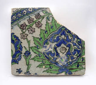 One of a Group of Nine Iznik Tiles: Running Border Design in Green, Blue Rust, on Gray Ground