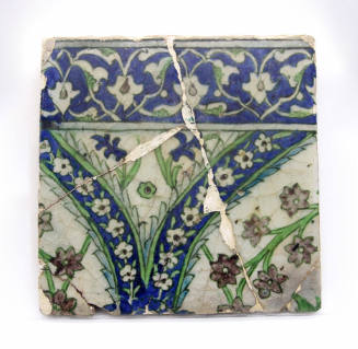 One of a Group of Nine Iznik Tiles: Running Border Design in Green, Blue Rust, on Gray Ground