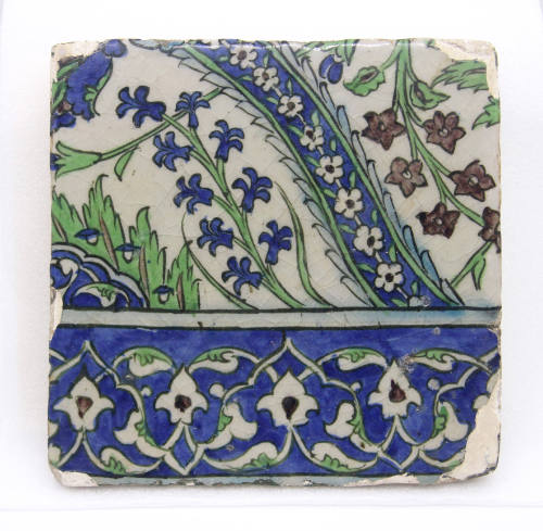 One of a Group of Nine Iznik Tiles: Running Border Design in Green, Blue Rust, on Gray Ground