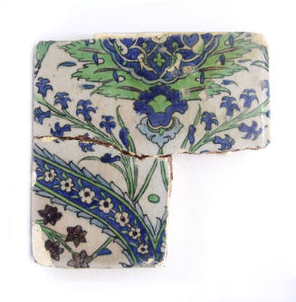 One of a Group of Nine Iznik Tiles: Running Border Design in Green, Blue Rust, on Gray Ground