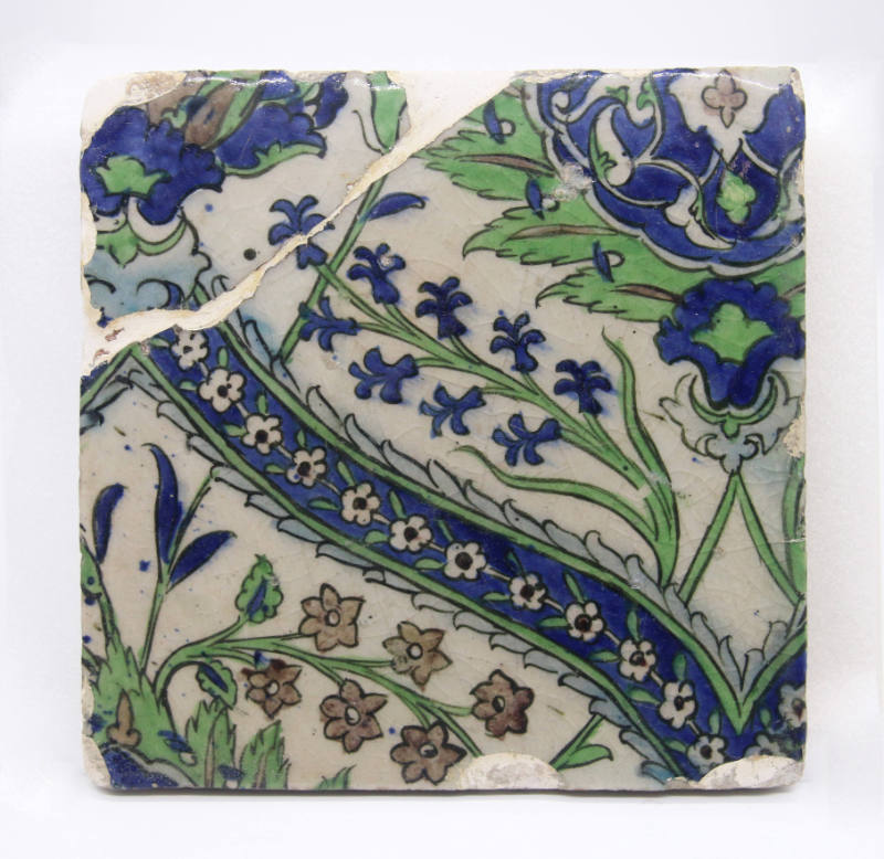 One of a Group of Nine Iznik Tiles: Running Border Design in Green, Blue Rust, on Gray Ground