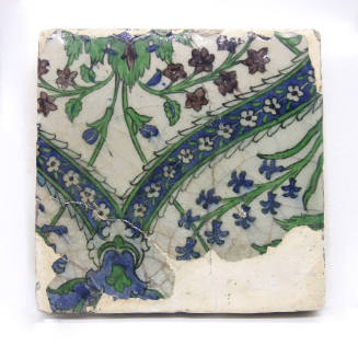 One of a Group of Nine Iznik Tiles: Running Border Design in Green, Blue Rust, on Gray Ground