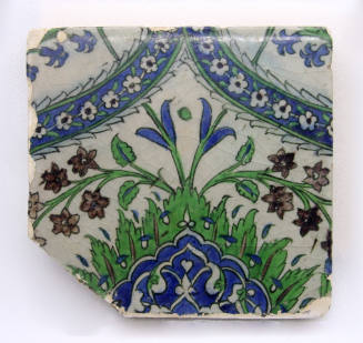 One of a Group of Nine Iznik Tiles: Running Border Design in Green, Blue Rust, on Gray Ground