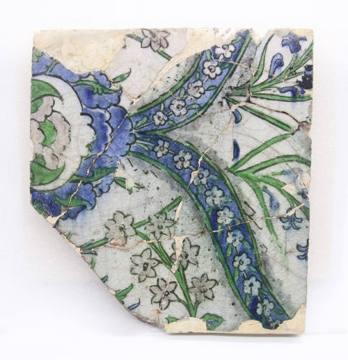 One of a Group of Nine Iznik Tiles: Running Border Design in Green, Blue Rust, on Gray Ground