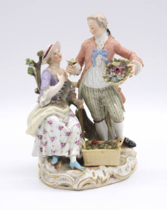 Figurine: Seated Woman, Basket of Vegetables and Standing Man with Bowl of  Flowers