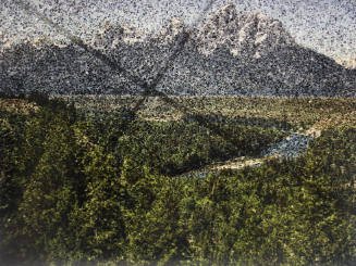 Tent-Camera Image on Ground: View of Grand Tetons and Snake River on Sidewalk, Grand Teton National Park, Wyoming