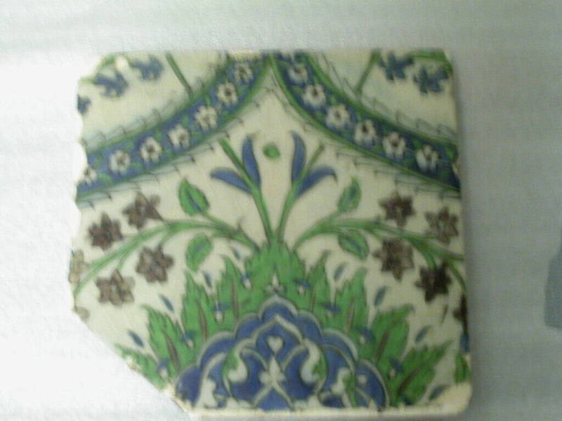 One of a Group of Nine Iznik Tiles: Running Border Design in Green, Blue Rust, on Gray Ground